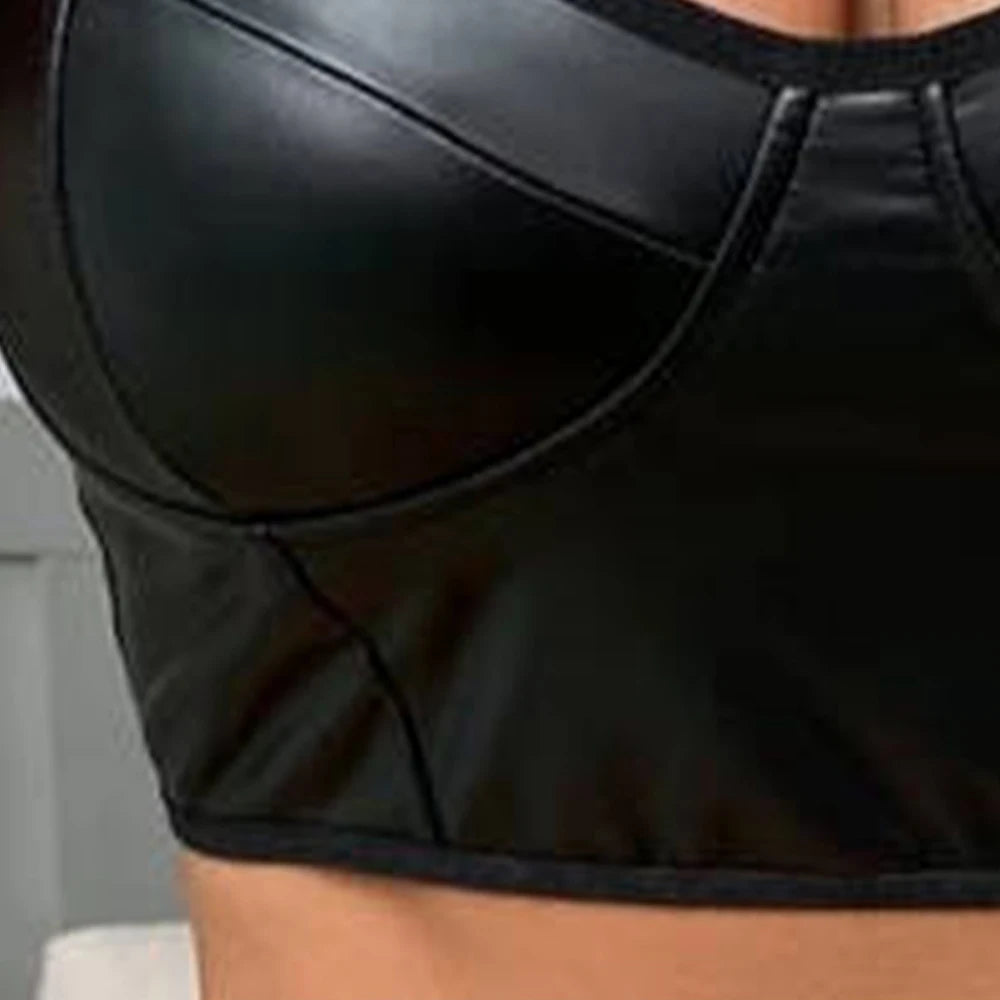 Womens Elastic Wet Look Patent Leather Bra V Neck Shoulder Lady Strap Crop Tops Uniform Temptation Clubwear Lenceria Femenina