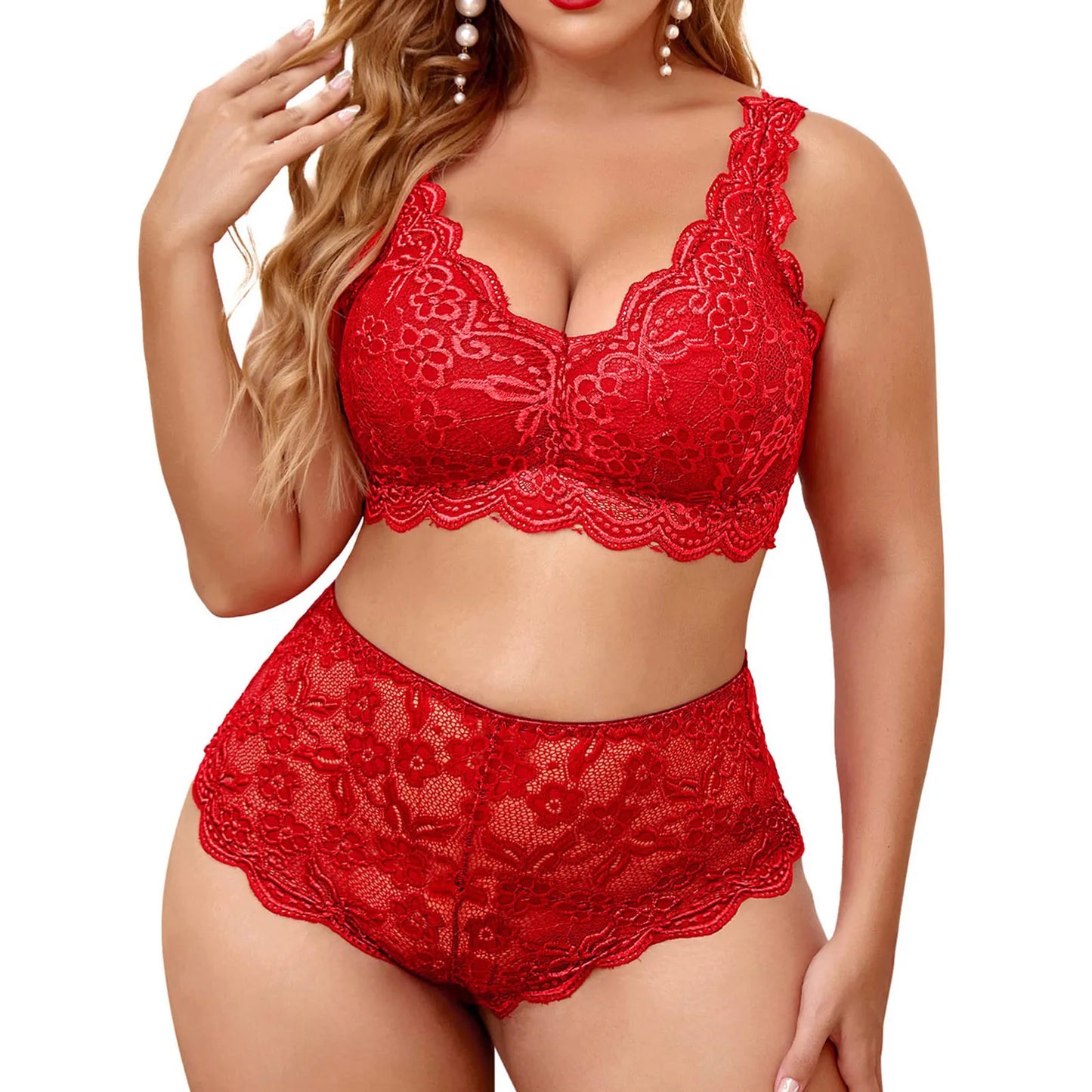 2 Piece Lingerie Set For Women Plus Size Floral Embroidery Lace Bra And Panty Underwear See Through Temptation Porn Lenceria