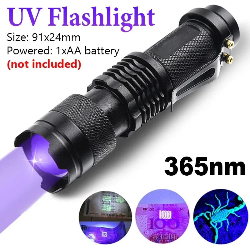 UV Flashlight LED Ultraviolet Torch Zoomable Mini Ultra Violet Lights 395/365nm Inspection Lamp Pet Urine Stain Detector Tools