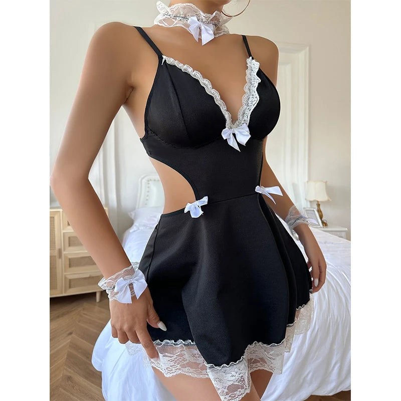 French Erotic Maid Nightgown Role-playing Lingerie Suspenders Deep V Gathering Bra Porn Crotchless Open Buttocks Night Dresses