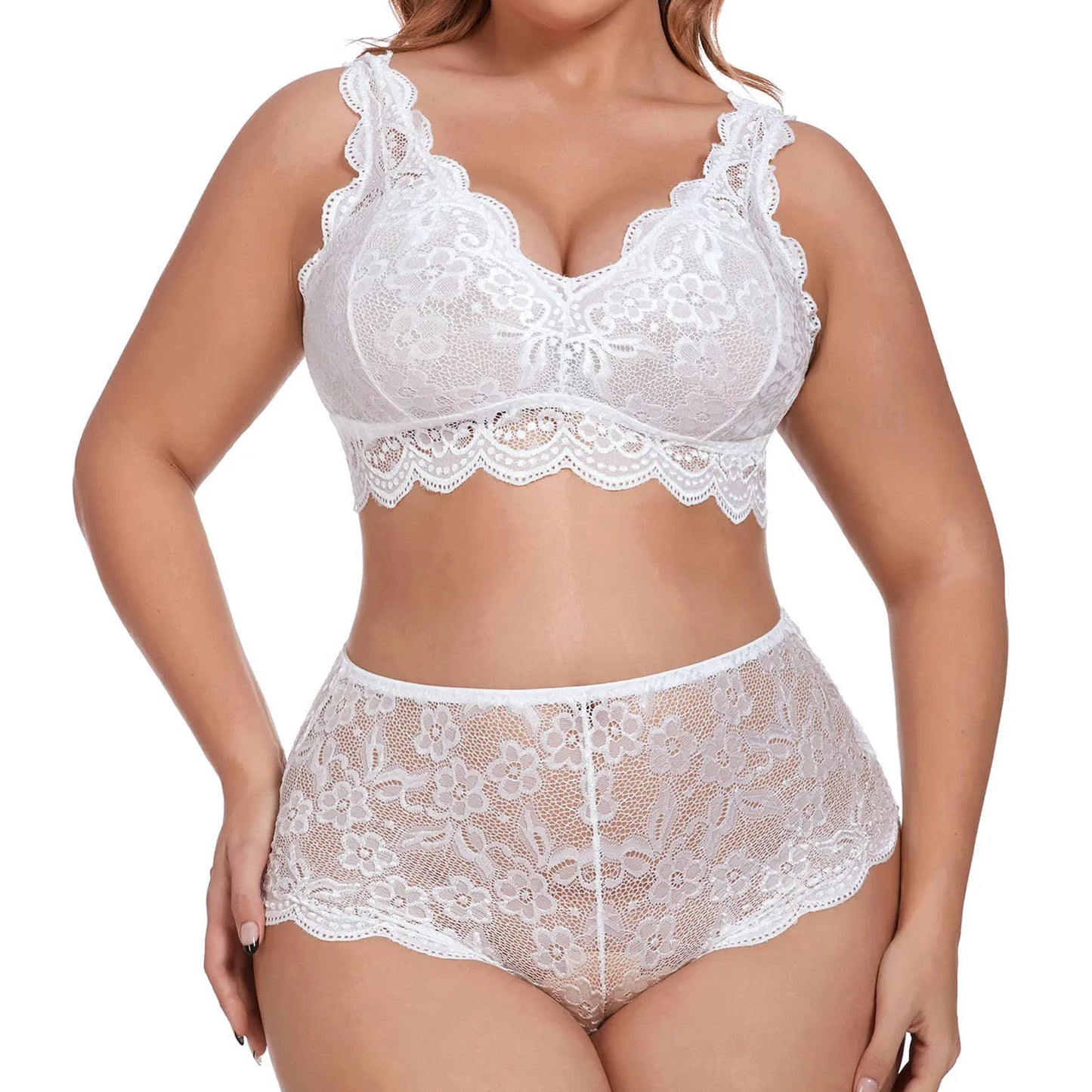 2 Piece Lingerie Set For Women Plus Size Floral Embroidery Lace Bra And Panty Underwear See Through Temptation Porn Lenceria