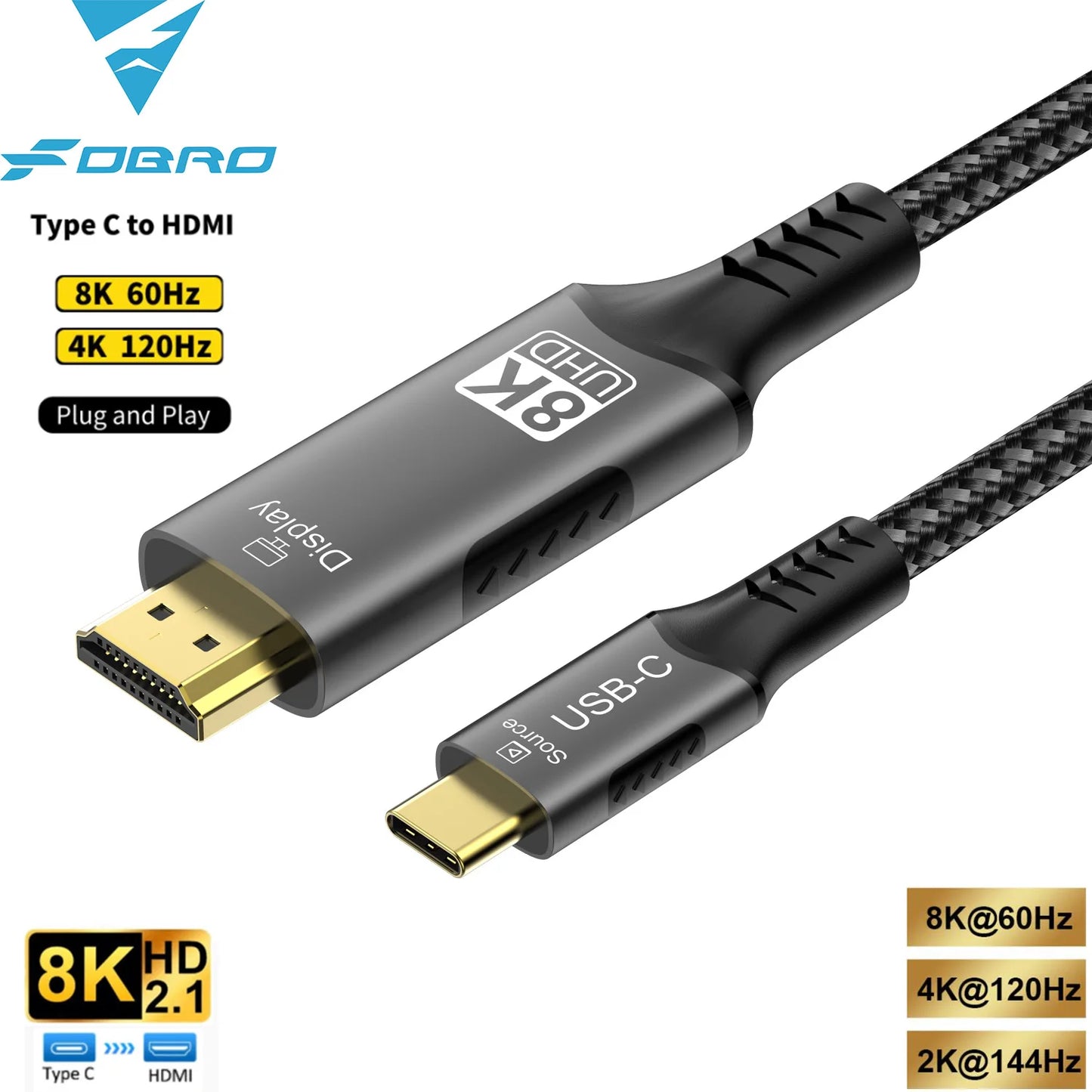 USB C to HDMI Cable 8K@60Hz 4K@120Hz Type C to HDMI-Compatible HDTV Cable for TV Converter MacBook Air iPad USB-C HDMI Adapter