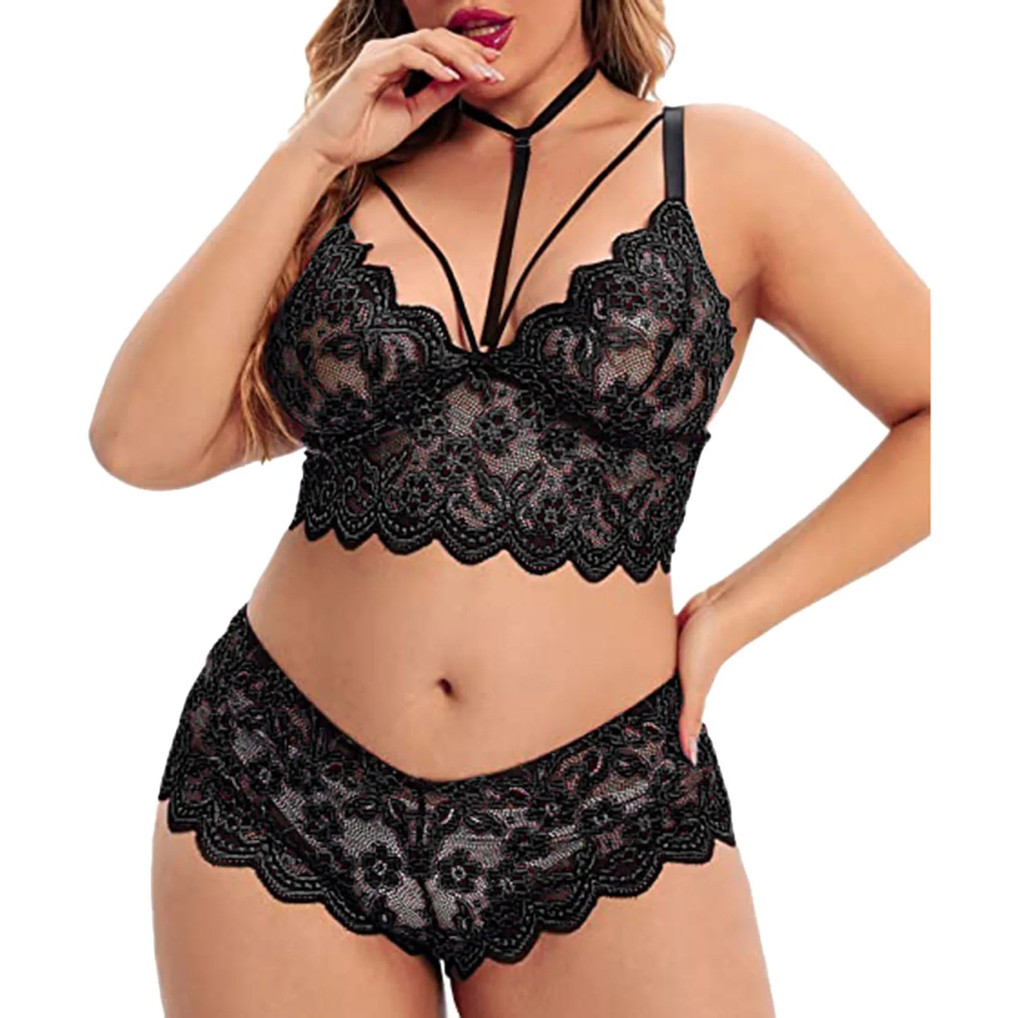 2 Piece Lingerie Set For Women Plus Size Floral Embroidery Lace Bra And Panty Underwear See Through Temptation Porn Lenceria