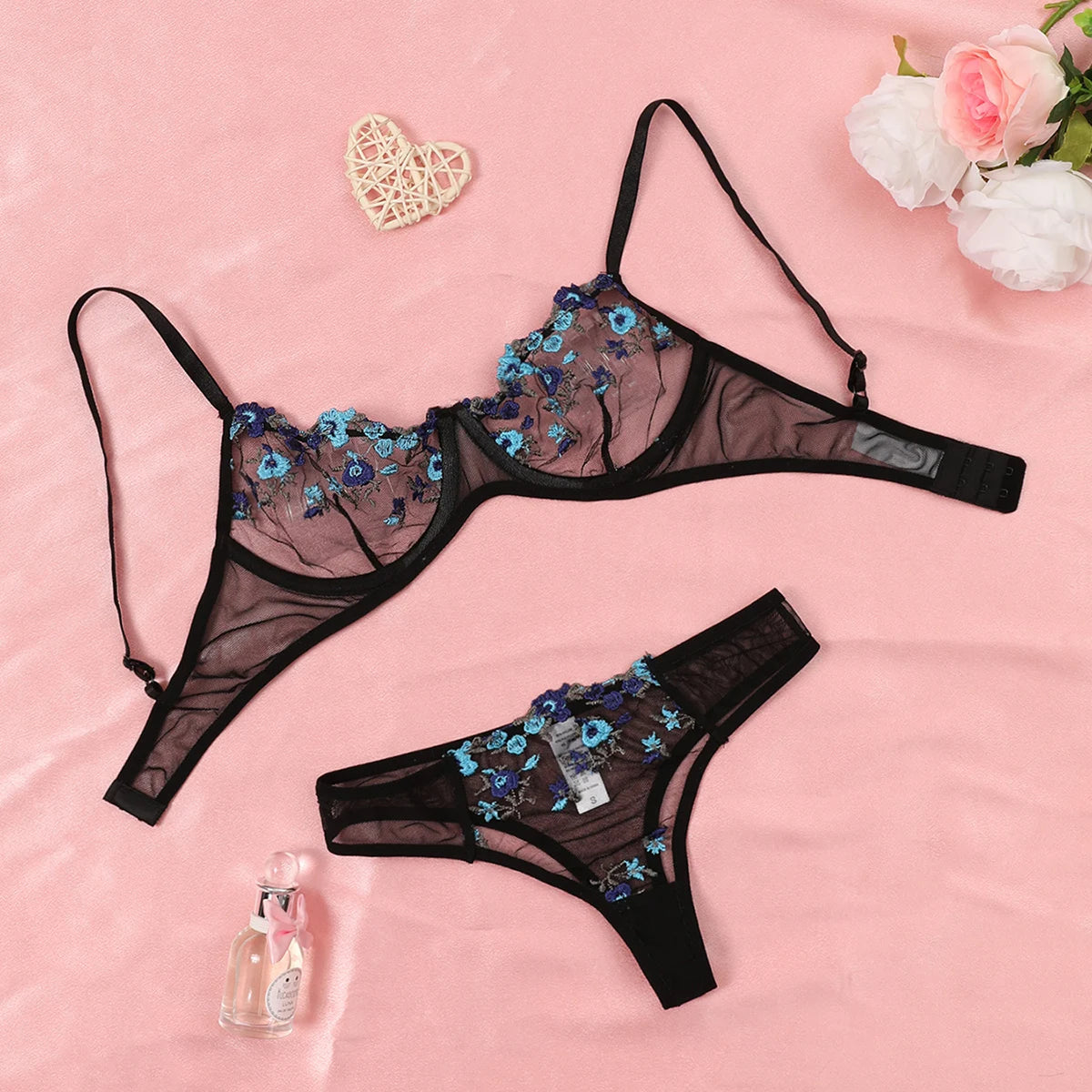 New Erotic Embroidery Floral Lace Babydoll Sensual Lingerie Lace Bras For Women Underwear Intimate Costumes Bra And Panty Set