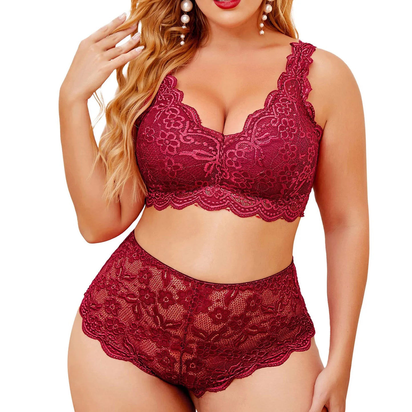 2 Piece Lingerie Set For Women Plus Size Floral Embroidery Lace Bra And Panty Underwear See Through Temptation Porn Lenceria