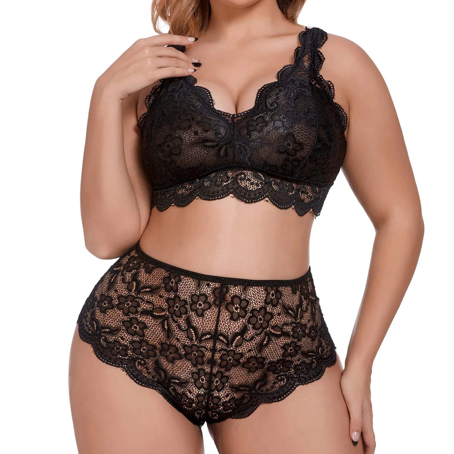 2 Piece Lingerie Set For Women Plus Size Floral Embroidery Lace Bra And Panty Underwear See Through Temptation Porn Lenceria