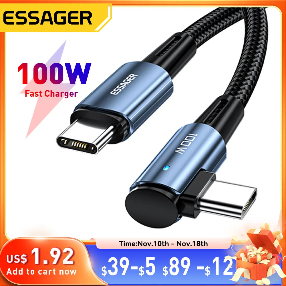 Essager 100W USB Type C To USB C Cable 90 Degree Angle For iPad MacBook Pro Xiaomi Samsung Huawei Fast Charging Type-C Date Wire