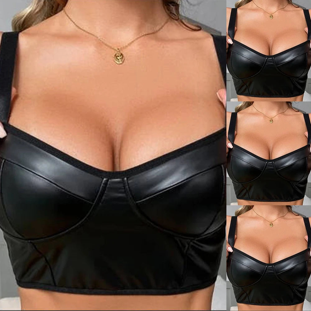 Womens Elastic Wet Look Patent Leather Bra V Neck Shoulder Lady Strap Crop Tops Uniform Temptation Clubwear Lenceria Femenina