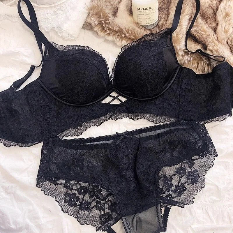 Lenceria Para Damas White Lace Bra and Panty Sets for Women Push Up Non Wire Seamless Lingerie Set Black Hollow Out Underwear