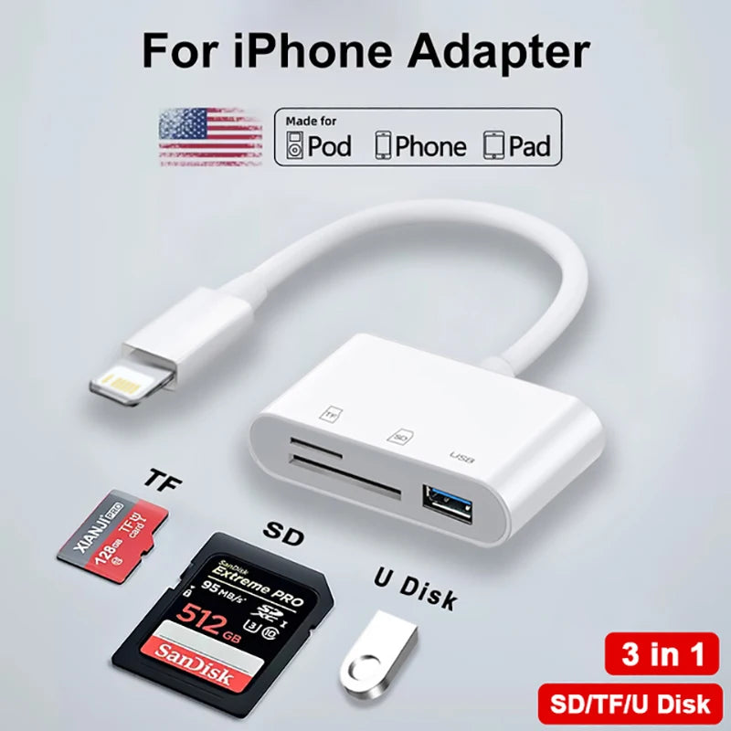 3 In 1 SD TF Card Reader For Apple iPhone 14 12 13 11 Pro Max XR XS USB C Camera Converter For iPad Android  Laptop OTG Adapter