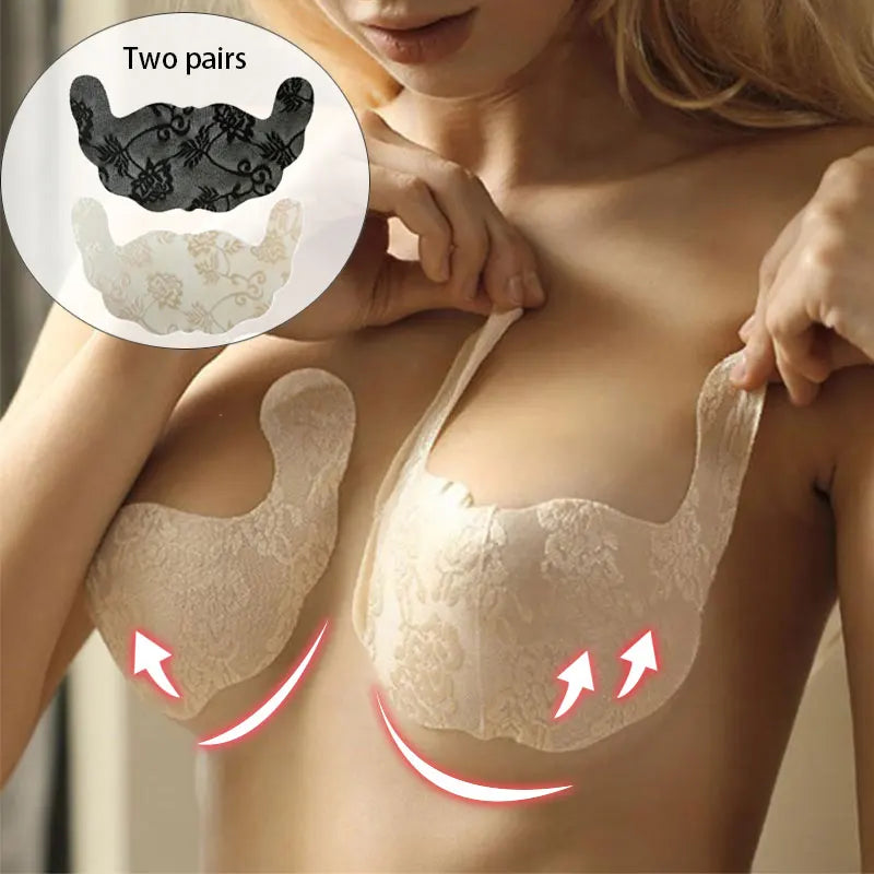 2 Pairs Women Self Adhesive Bra Strapless Invisible Breast Lift Tape Lace Stick Gel U Shape Bra Pads Plus Size Push Up Stickers