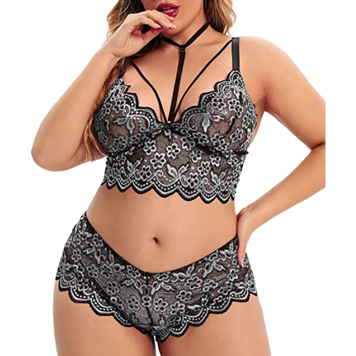 2 Piece Lingerie Set For Women Plus Size Floral Embroidery Lace Bra And Panty Underwear See Through Temptation Porn Lenceria