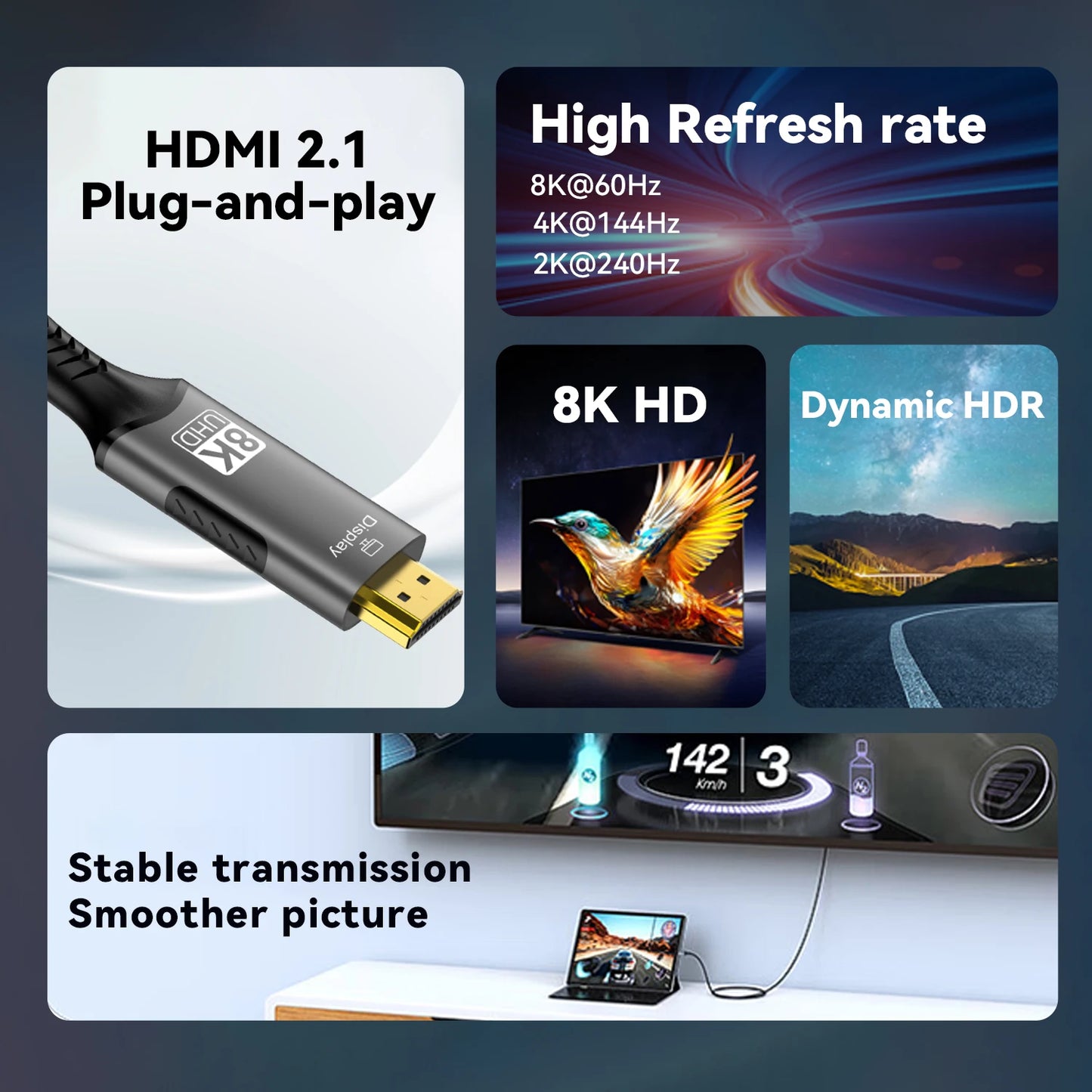 USB C to HDMI Cable 8K@60Hz 4K@120Hz Type C to HDMI-Compatible HDTV Cable for TV Converter MacBook Air iPad USB-C HDMI Adapter