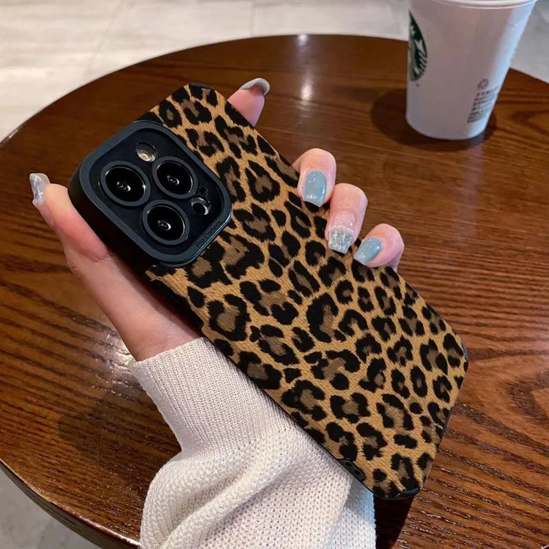 Fashion Brown Leopard Silicone Leather Case For iPhone 14 16 15 Pro Max 11 12 13 Mini SE 7 8 Plus X XR XS Soft Shockproof Cover