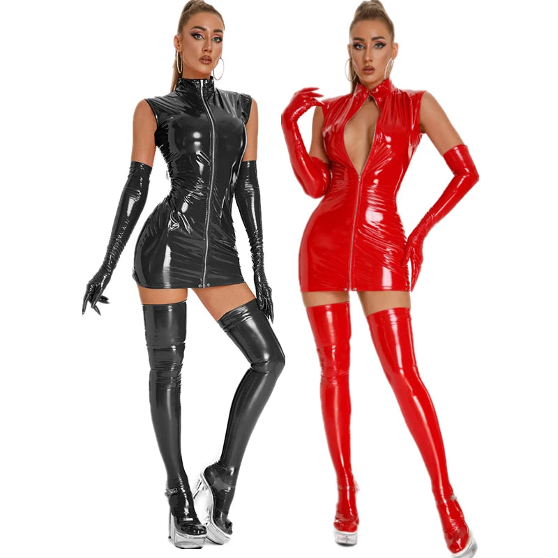 Women Latex Leather Lingerie Hot Exotic Mini Dress with Gloves and Socks Lady Catsuit Mistress Costumes Lenceria Femenina