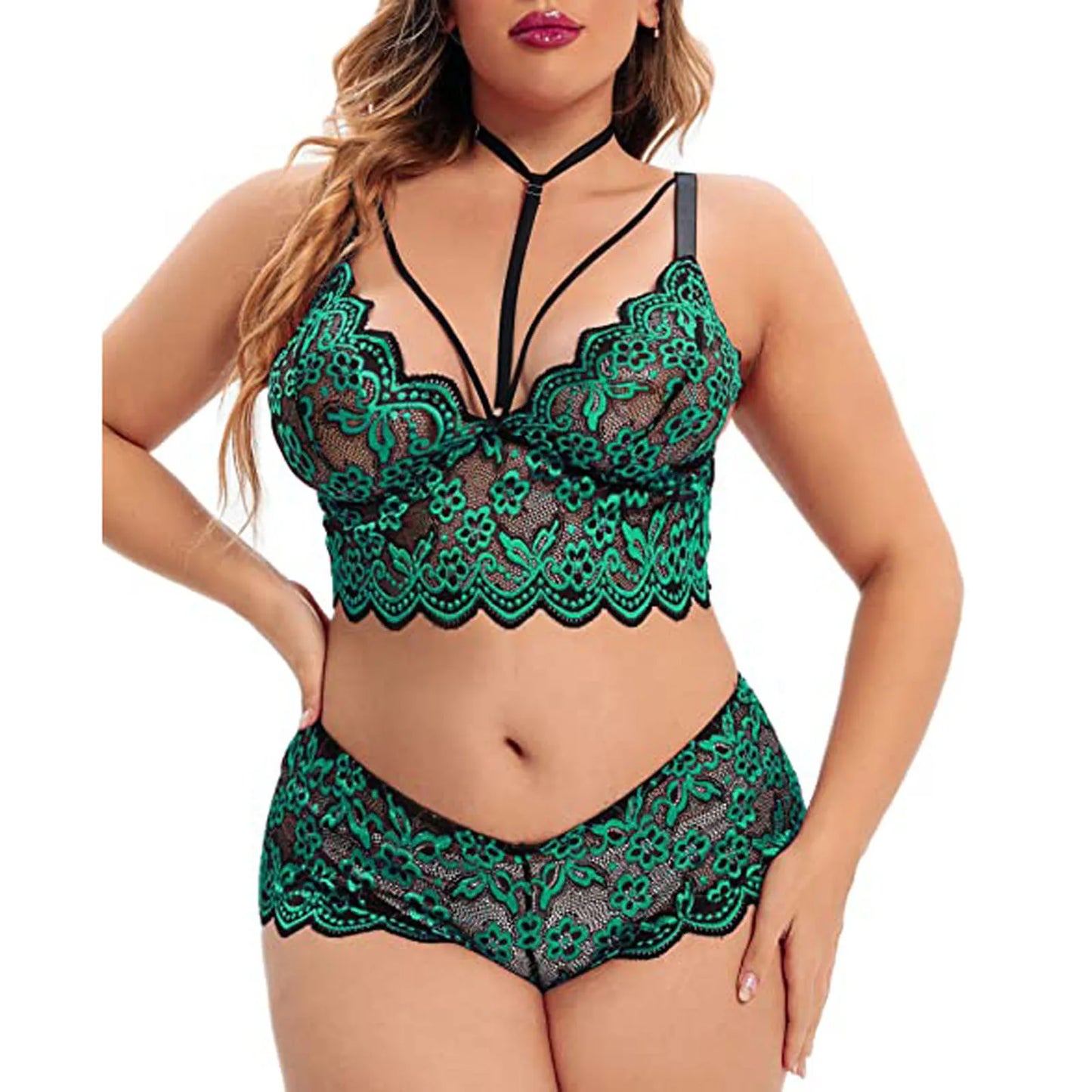 2 Piece Lingerie Set For Women Plus Size Floral Embroidery Lace Bra And Panty Underwear See Through Temptation Porn Lenceria